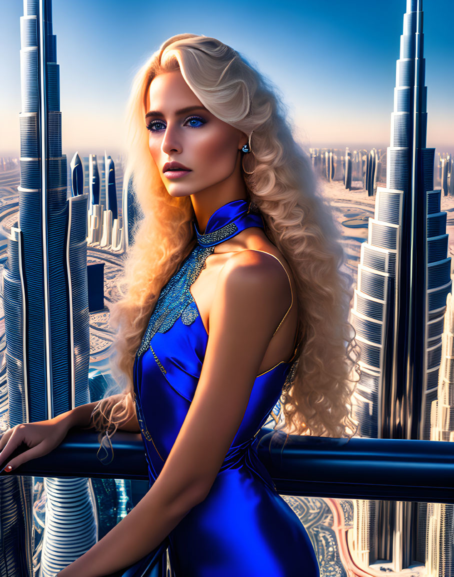 Blonde Woman in Blue Dress on Balcony with Futuristic Cityscape