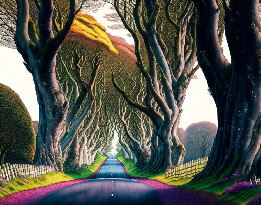 Scenic road with towering intertwined trees and vibrant purple flora