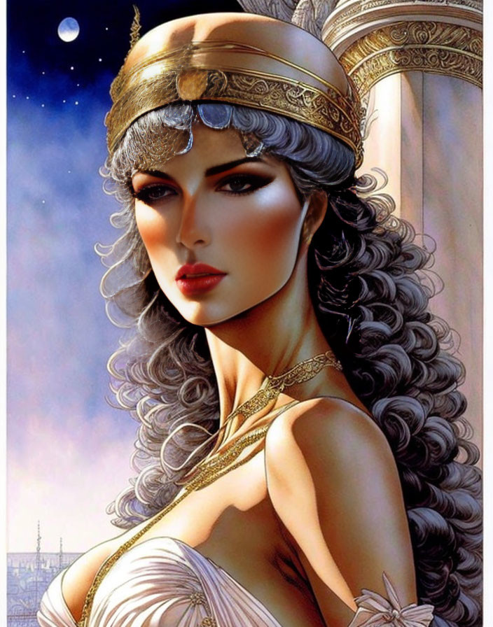 Silver-haired female character with golden headband under crescent moon