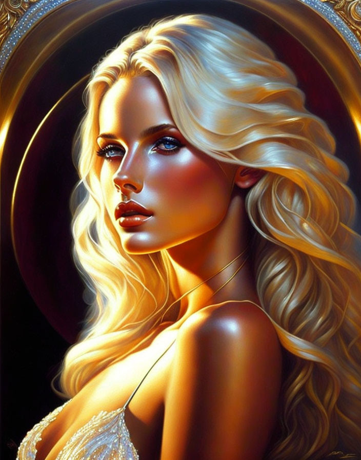 Blonde Woman Portrait with Blue Eyes and Halo Background