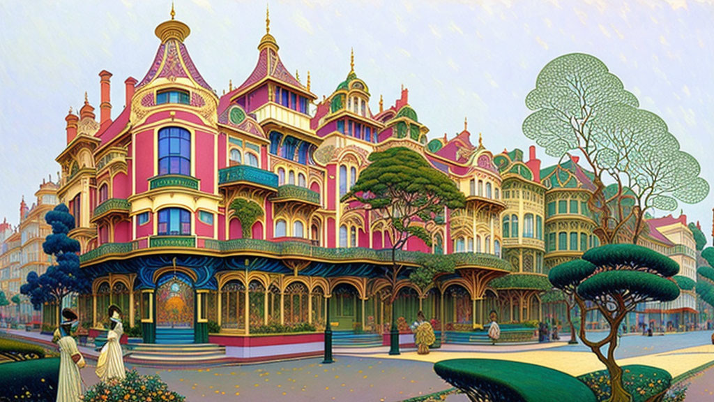 Fantastical Victorian-style mansion with vibrant colors and whimsical architecture.
