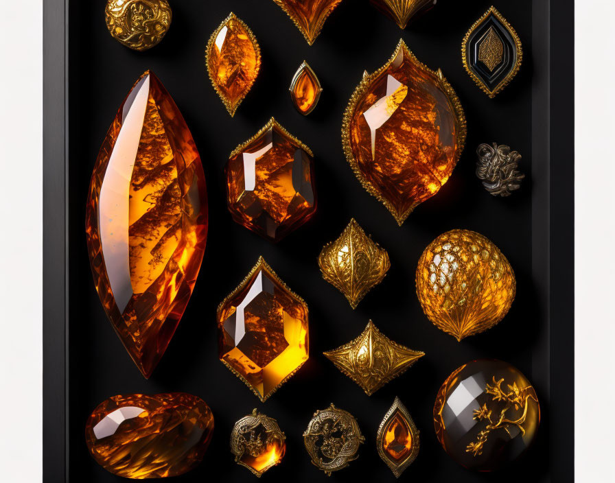 Amber gemstones and gold jewelry on dark surface