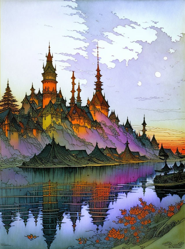 Vibrant fantasy castle painting at sunset with lake reflection