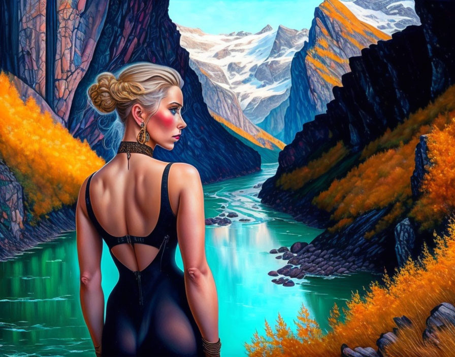 Woman in black dress admires river in autumn canyon with snow-capped mountains