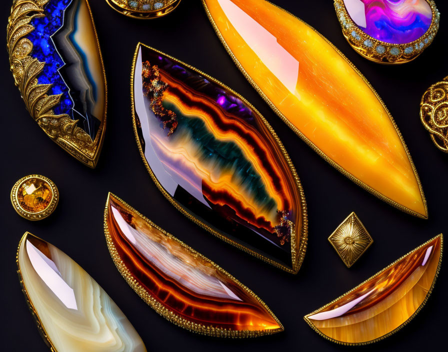 Colorful Agate Slices and Gold Jewelry on Black Background