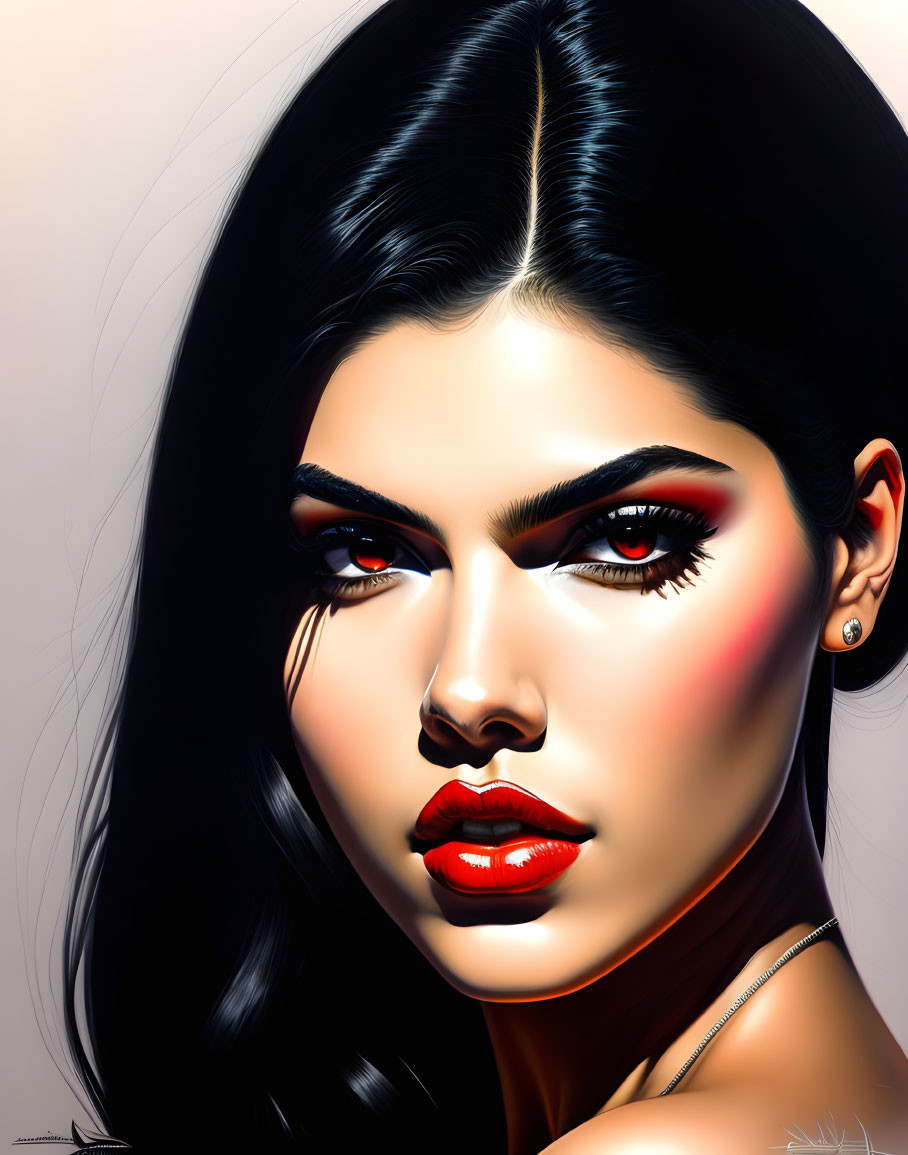 Stylized digital portrait of a woman with black hair and red lipstick