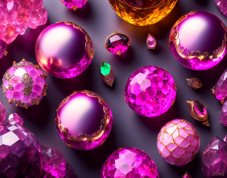 Pink and Purple Gemstones with Gold-Accented Jewelry on Reflective Surface