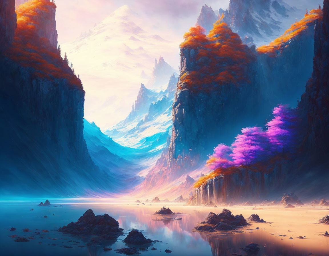 Digital landscape with mountains, reflective water, vibrant trees, and soft glowing sky