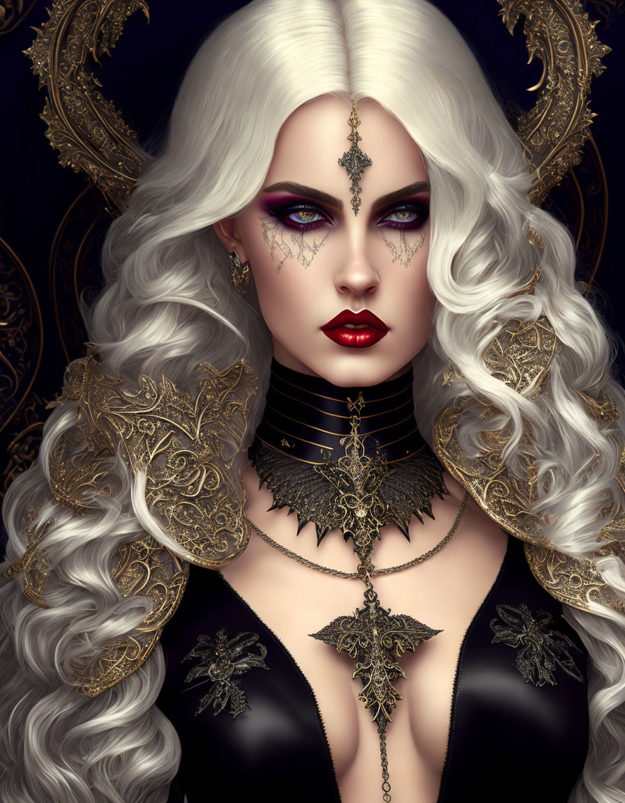 Fantasy portrait of woman with white curly hair and dramatic makeup