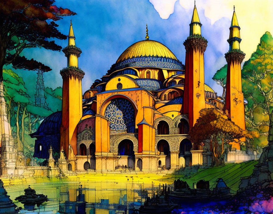 Vibrant Grand Mosque Illustration with Dome and Minarets