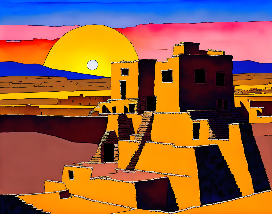 Illustration of adobe buildings under a setting sun in a Southwestern desert.