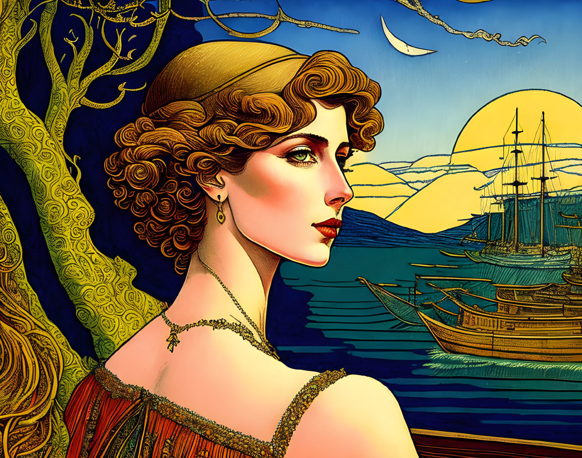 Art Nouveau Woman with Curly Hair in Surreal Seascape