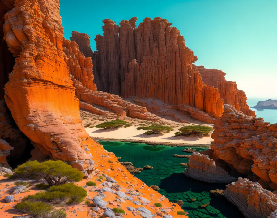 Majestic orange cliffs overlooking green lagoon and sandy shore