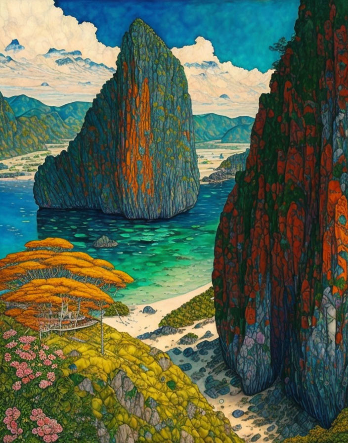 Colorful Coastal Landscape with Rock Formations & Turquoise Sea