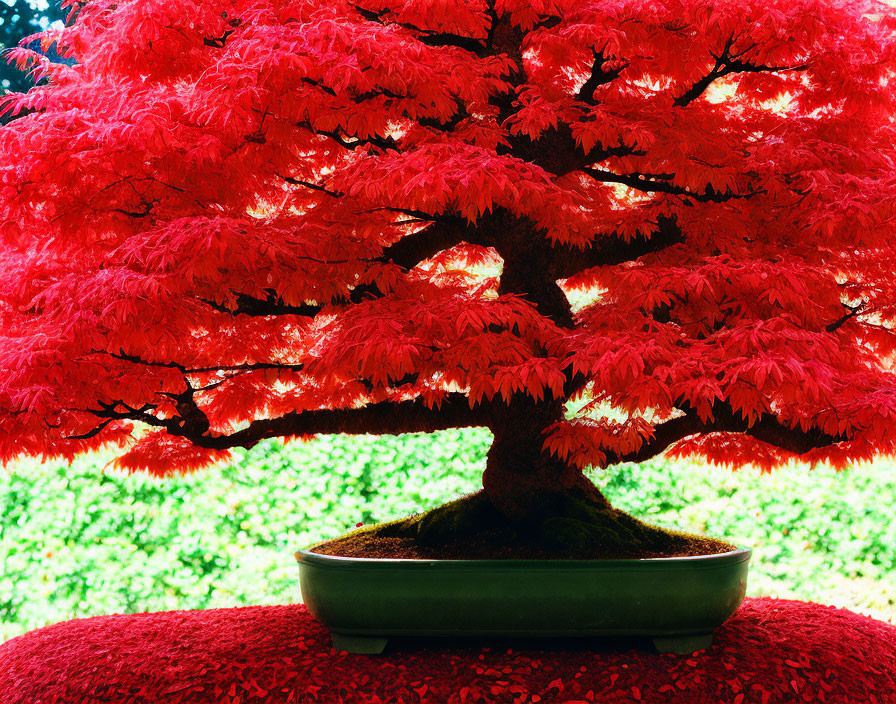 Vibrant red bonsai tree in shallow pot on vivid green background