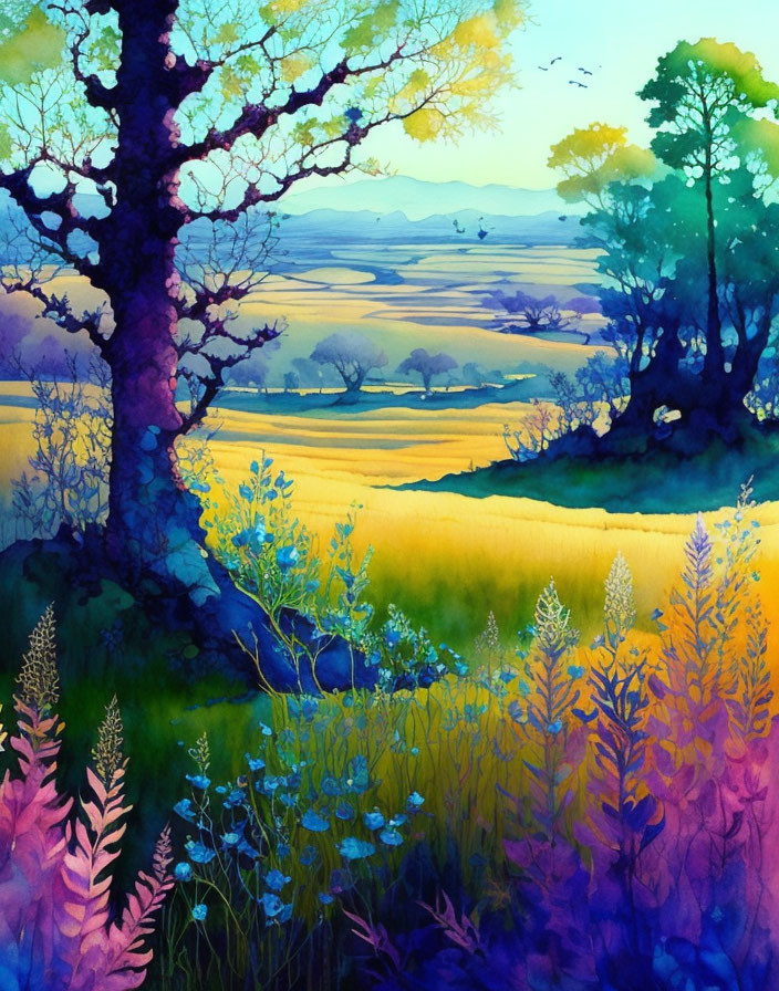 Colorful Watercolor Landscape with Blossoming Tree and Twilight Sky