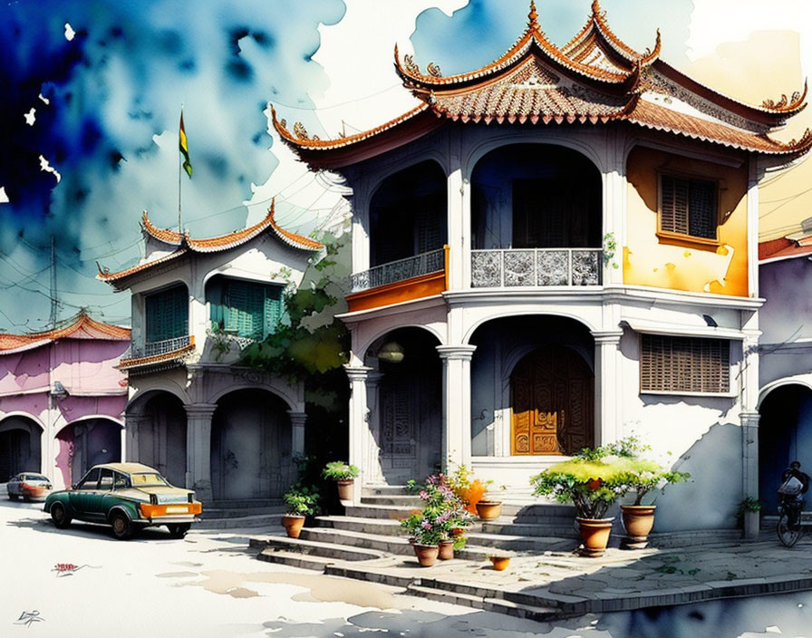 Ornate Two-Story Asian Architecture with Street Scene