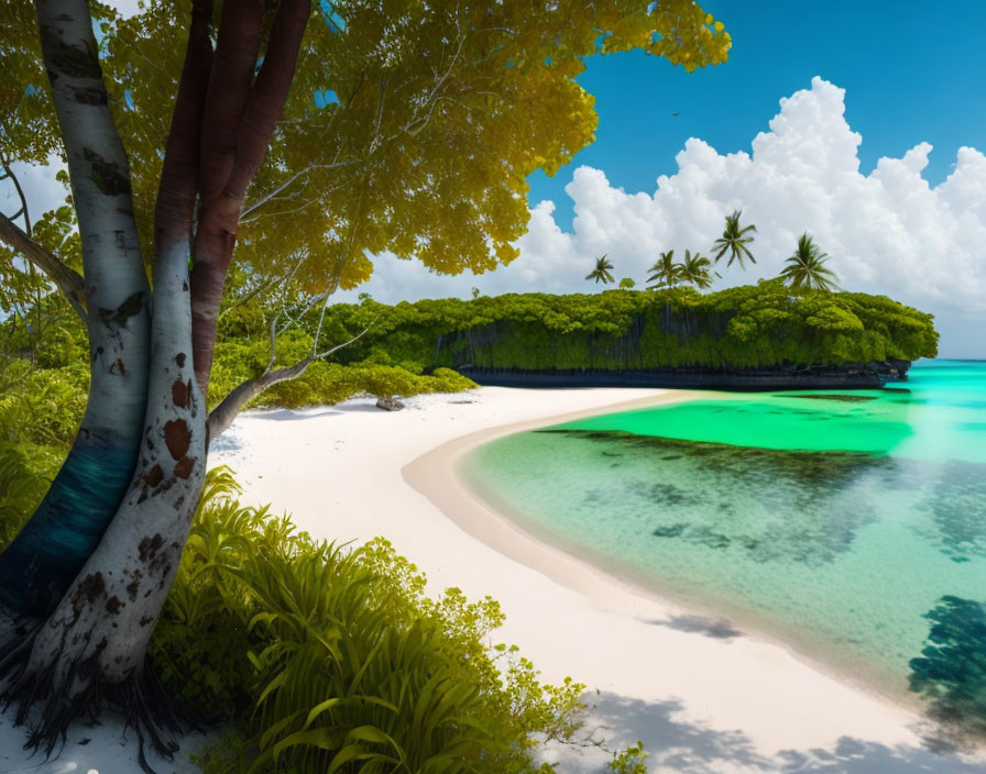 White sandy beach with turquoise waters and lush greenery under vibrant blue sky.