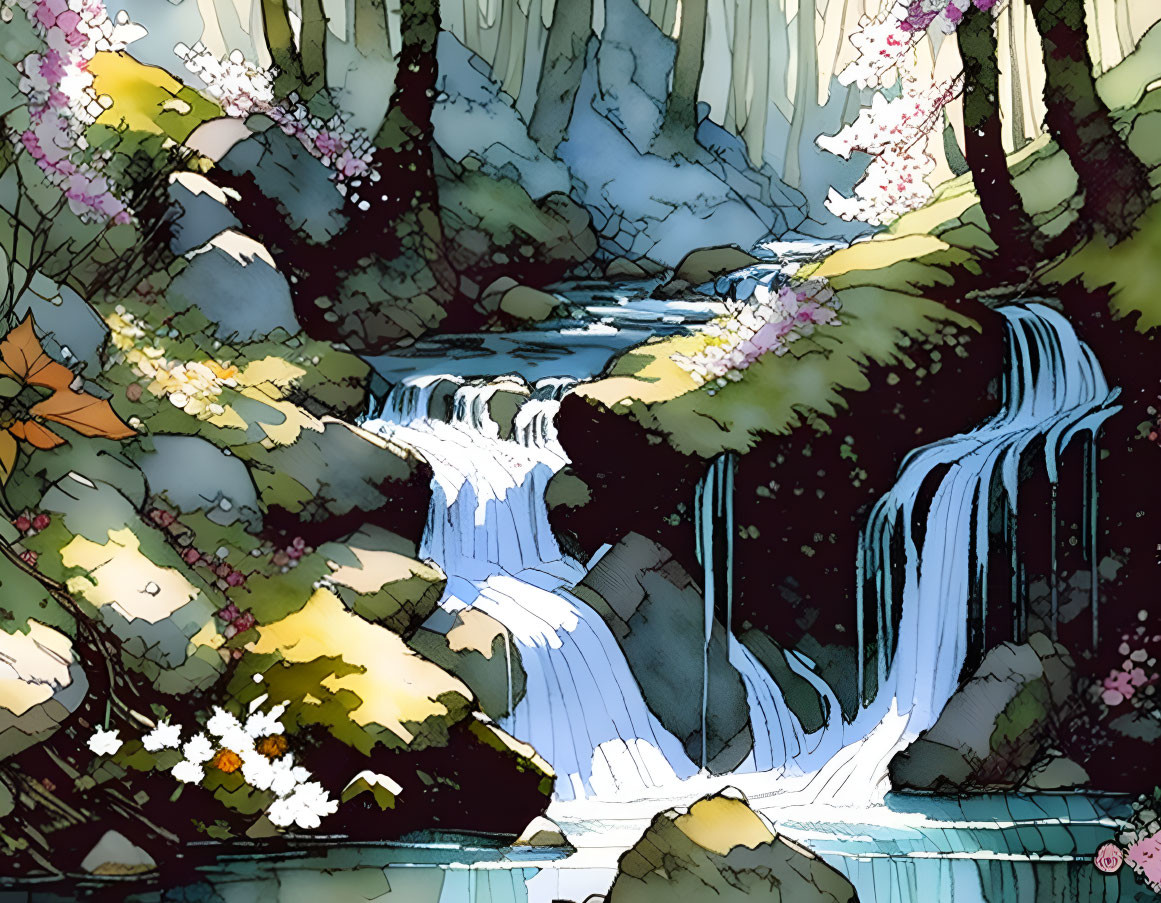 Tranquil waterfall in vibrant forest setting