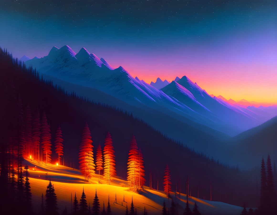 Starry sky over silhouetted mountains and illuminated trees