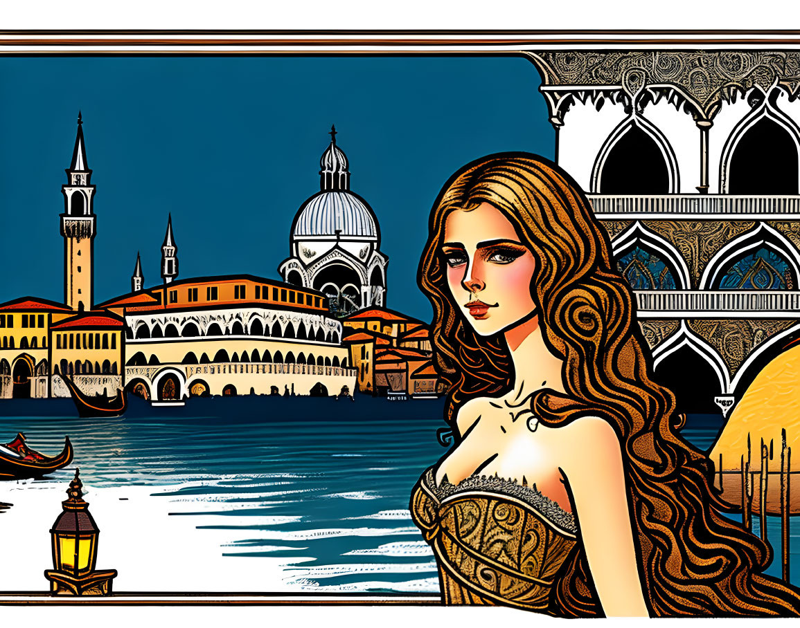 Stylized woman with long hair in front of colorful Venice scene