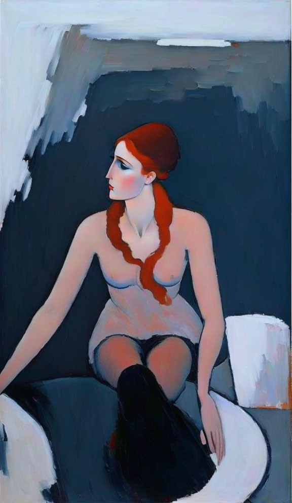 Seated Woman Painting with Red Hair and Blue Backdrop