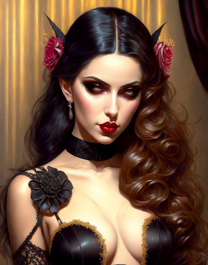 Fantasy female character with horns, red eyes, long wavy hair, black choker, roses