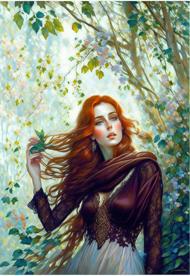 Woman with Long Red Hair in Forest, Flowing Dress, Green Foliage, Dappled