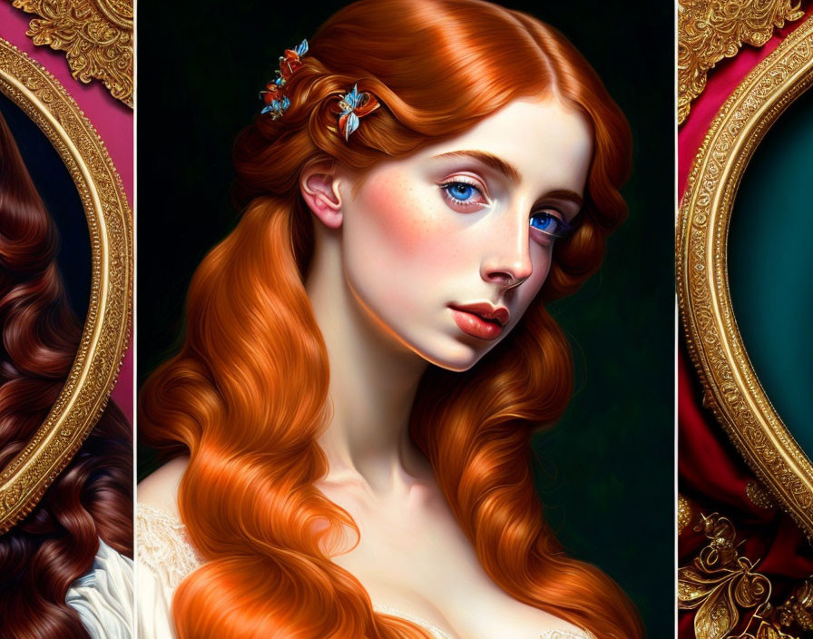 Digital painting: Woman with red hair, fair skin, blue eyes, in regal setting