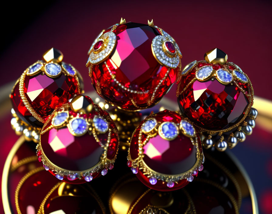 Exquisite Ruby and Diamond Golden Jewelry on Red Background