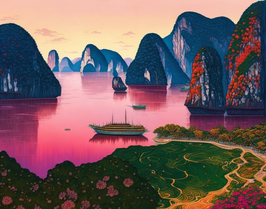 Tranquil lake at sunset with karst formations, boats, and vibrant foliage