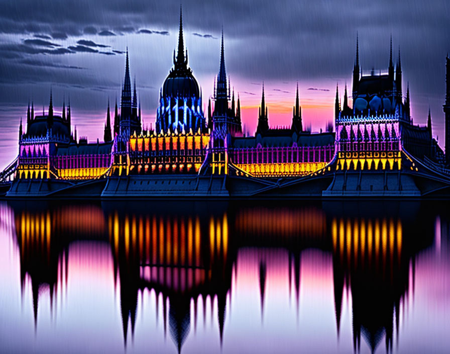 Gothic-style Building Reflecting on Water at Twilight