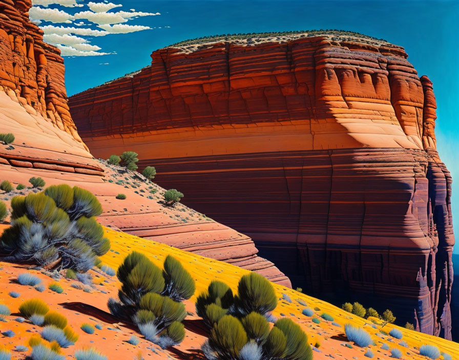 Colorful desert scene with red rock formations and green bushes under a blue sky