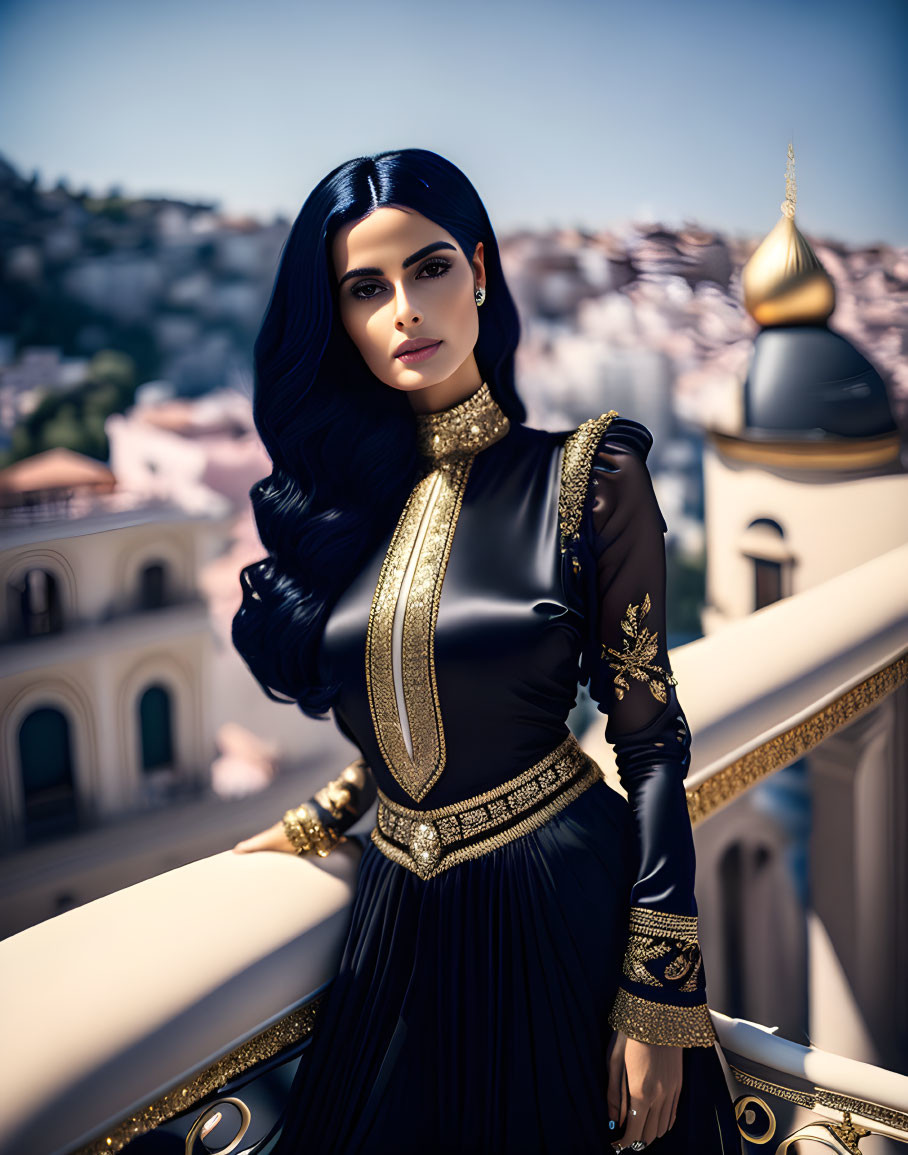 Elegant woman in black dress on balcony with cityscape view