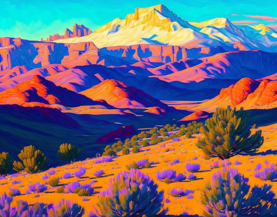 Colorful landscape painting of rolling hills and mountains in blue and orange tones