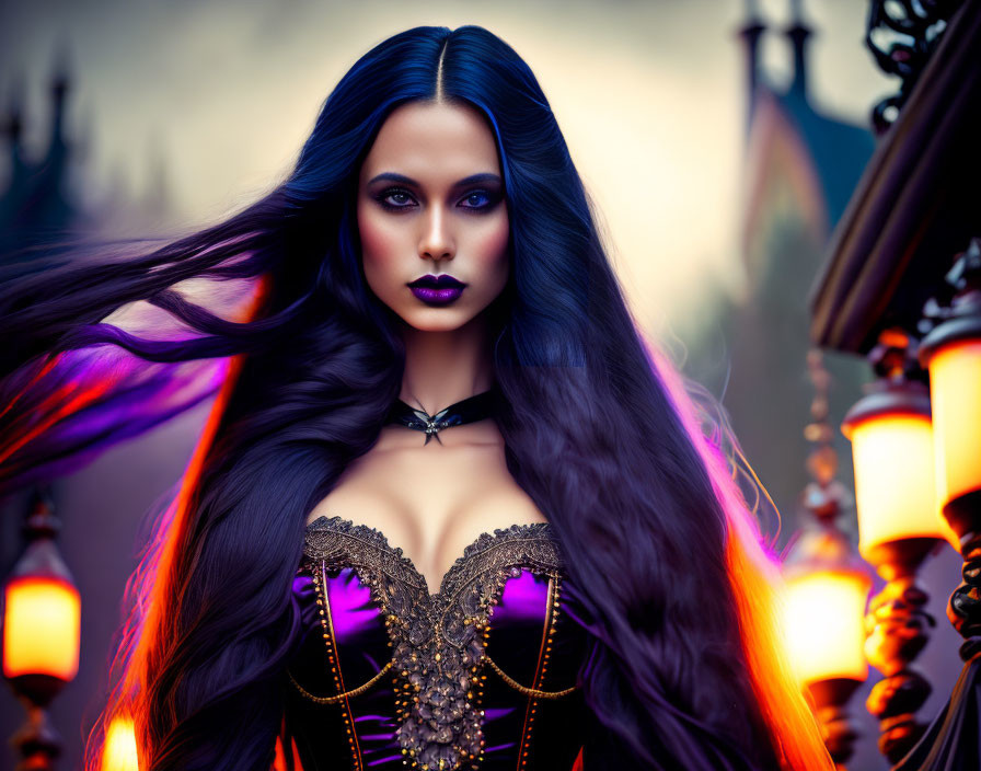 Woman in purple and gold corset with vampire-like look in gothic setting