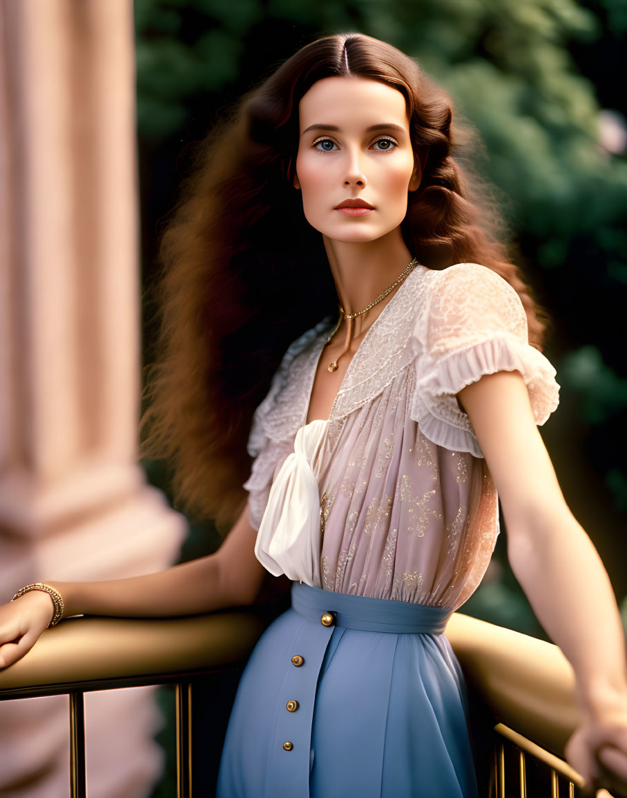 Woman with long wavy hair in vintage pastel attire gazes into the distance