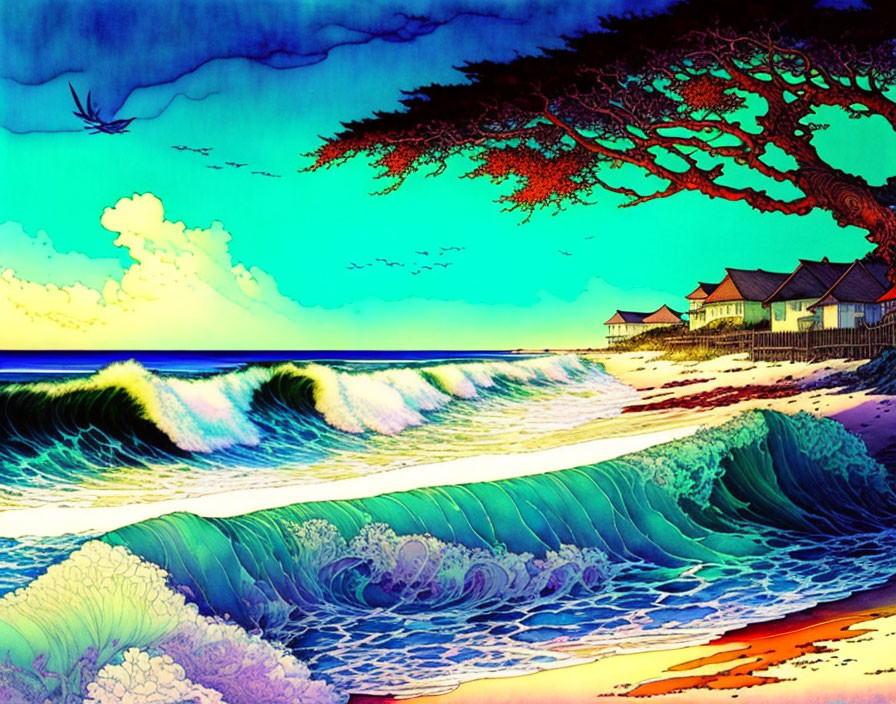 Coastal scene artwork: stylized waves, red-leafed tree, shoreline houses, colorful