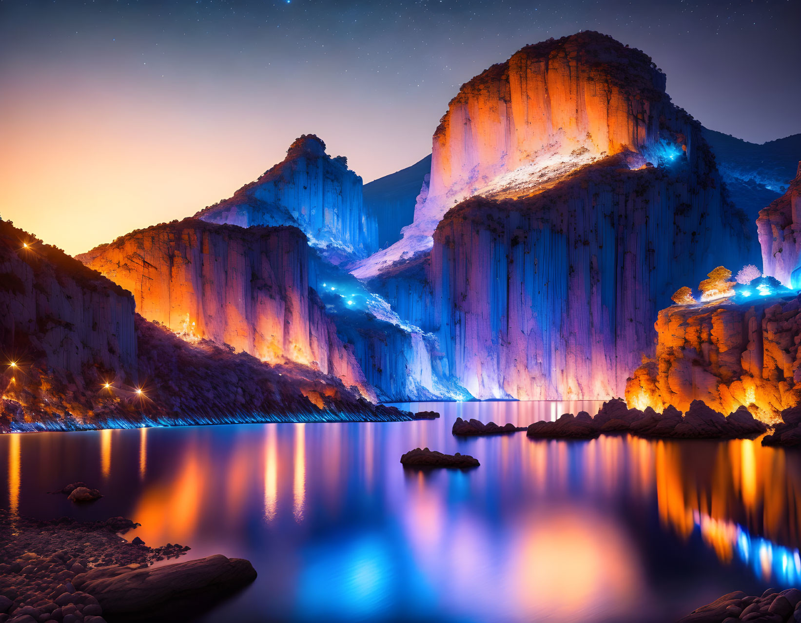 Ethereal nightscape: illuminated cliffs, starry sky, twilight hues