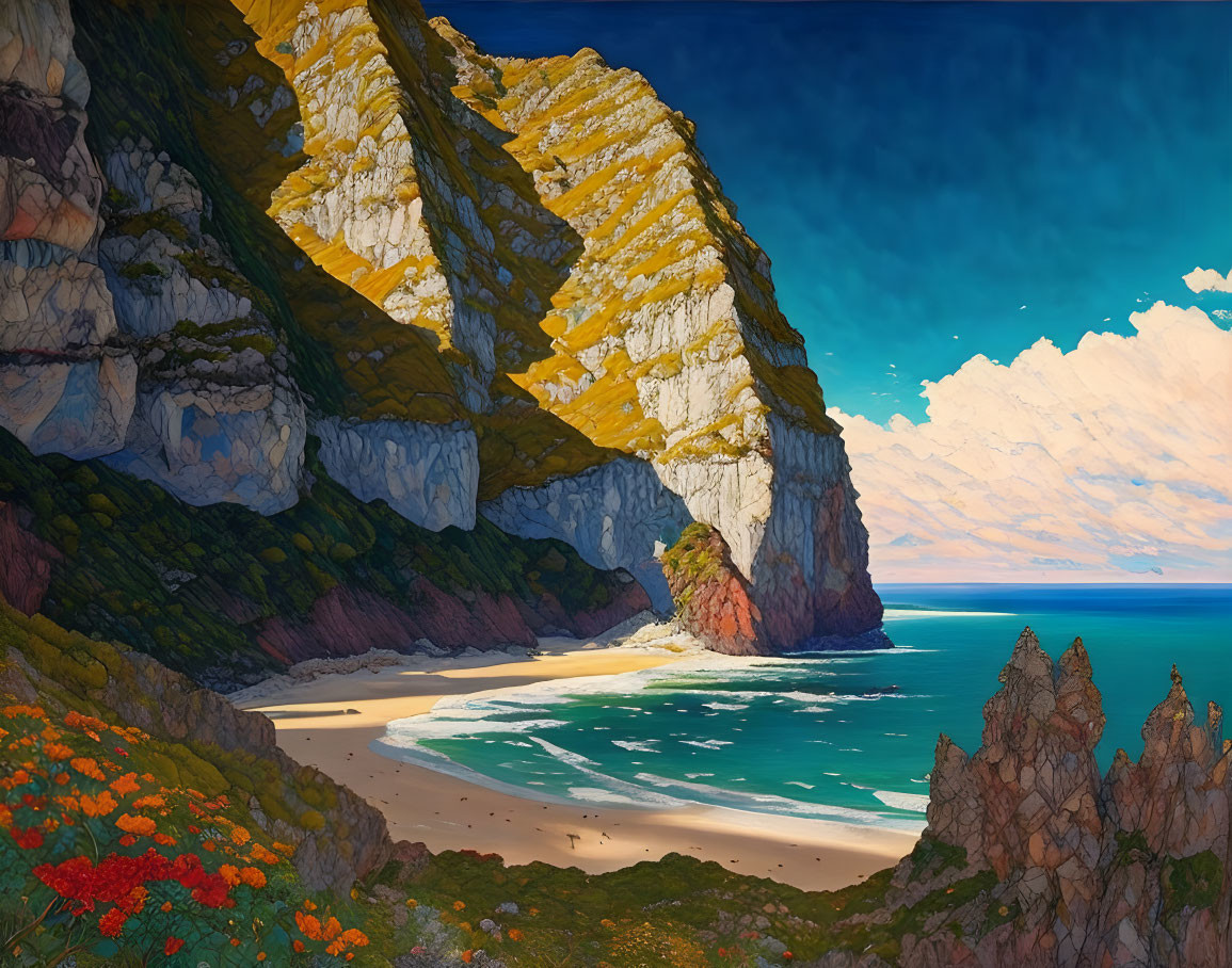 Tranquil beach scene with towering cliffs and vibrant wildflowers