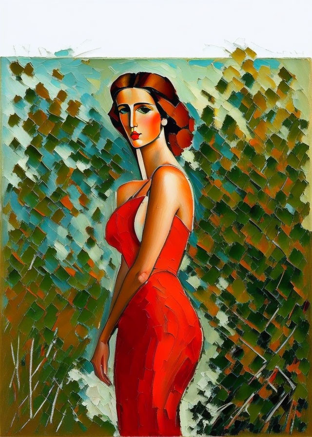 Contemplative woman in red dress against green geometric background