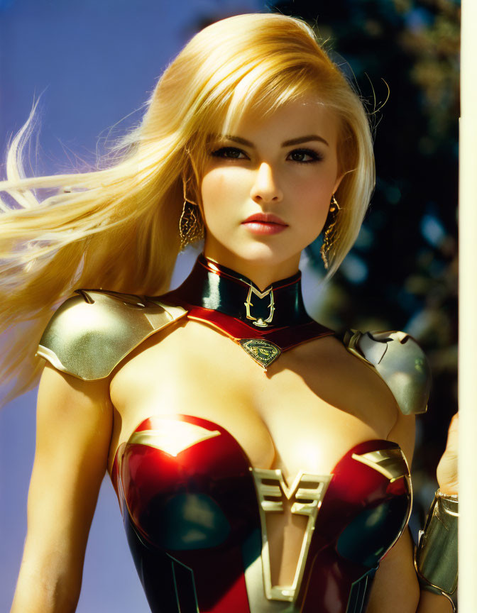 Blonde Woman in Colorful Superhero Costume with Metallic Armor