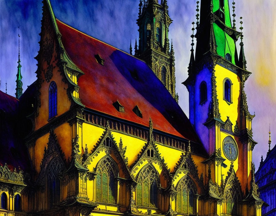 Gothic Cathedral Illustration with Vibrant Stained Glass