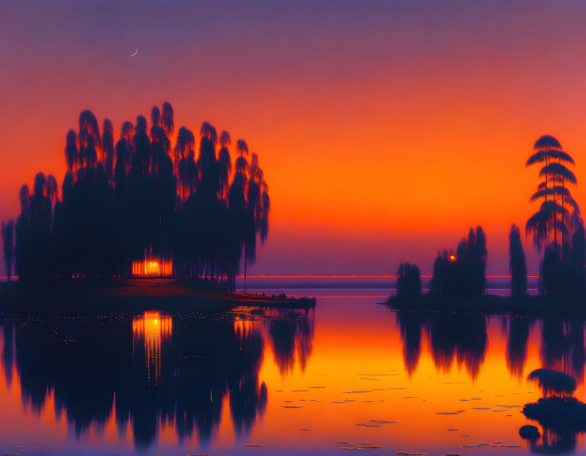 Tranquil lake scene: trees silhouettes, reflective water, orange sky, crescent moon