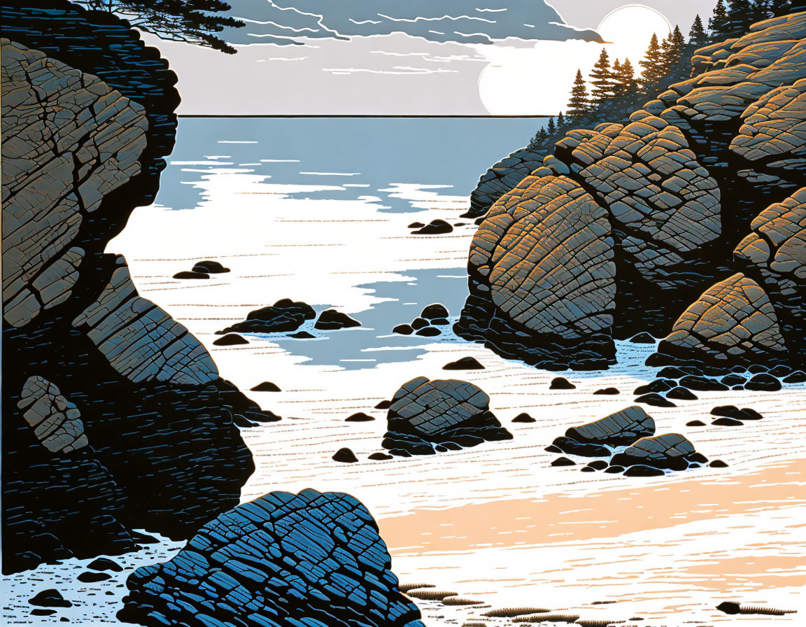 Rocky Coastal Scene with Boulders and Sun/Moon Reflection