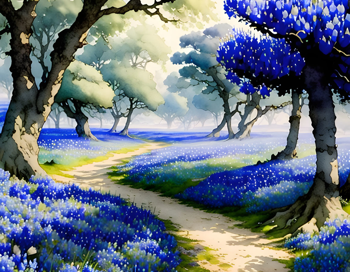 Vibrant blue flowers along a whimsical forest path