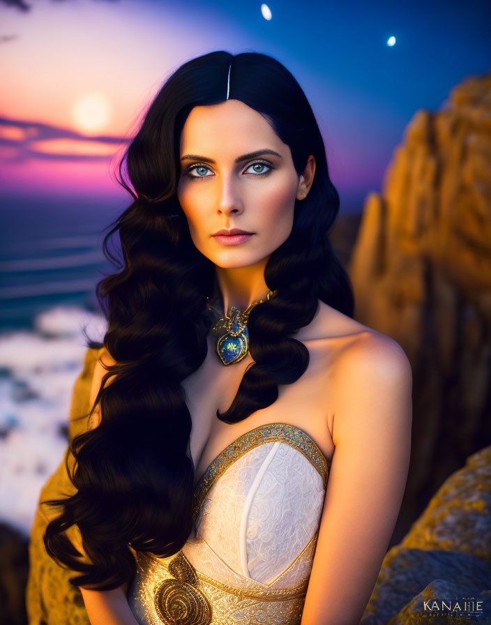 Woman with Dark Hair and Blue Eyes in Gold Ornate Attire at Sunset Beach