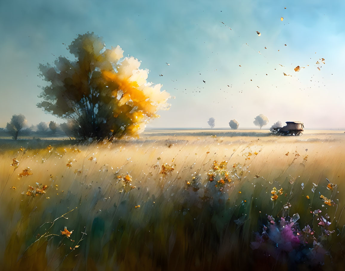 Tranquil golden meadow with lone autumn tree and flying birds