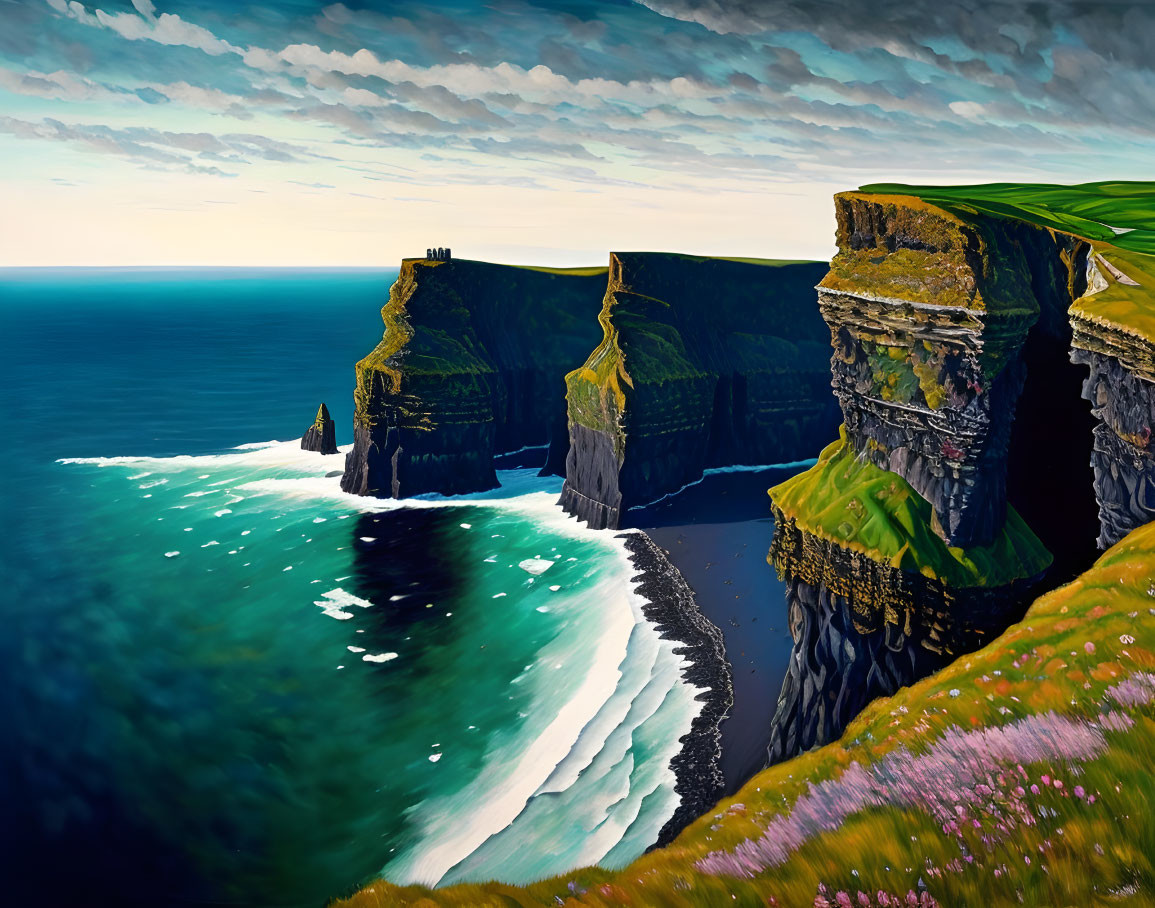 Lush green Cliffs of Moher by the Atlantic Ocean