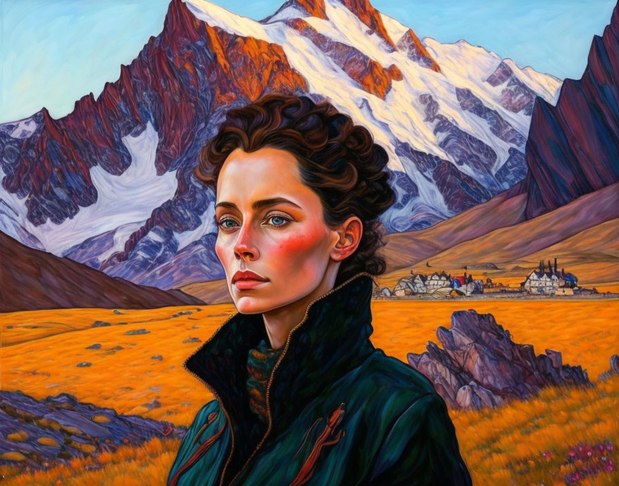 Vibrant portrait of woman with curly hair in mountainous landscape